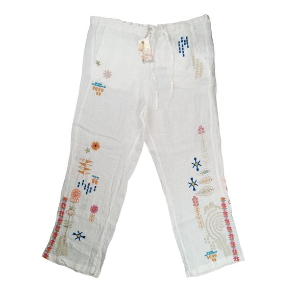 Johnny Was Embroidered Pants BIYA Elektra Large White Linen Drawstring B63422-2